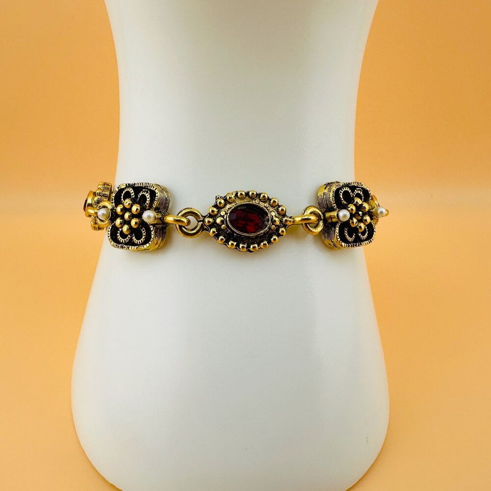 Vintage Victorian Revival Bracelet Red Rhinestone Gold Tone Faux Seed Pearl 6" - Picture 2 of 15